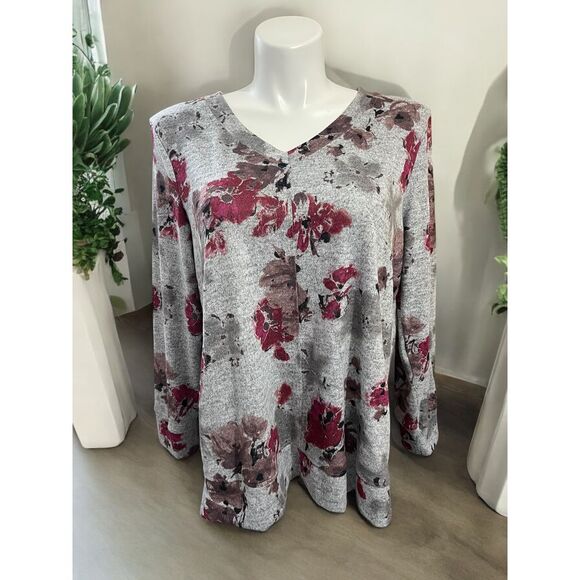 Ellen Tracy Floral V-Neck Long Sleeve Knit Tunic Top Romance Floral Print ‎ XXL - Picture 1 of 9
